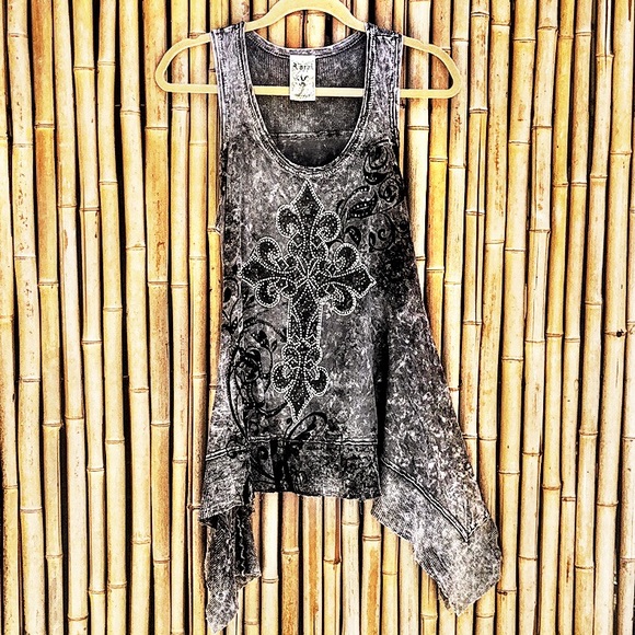 Vocal Tops - VOCAL Gray Cross Silver Bling Sharkbite Tank Med
